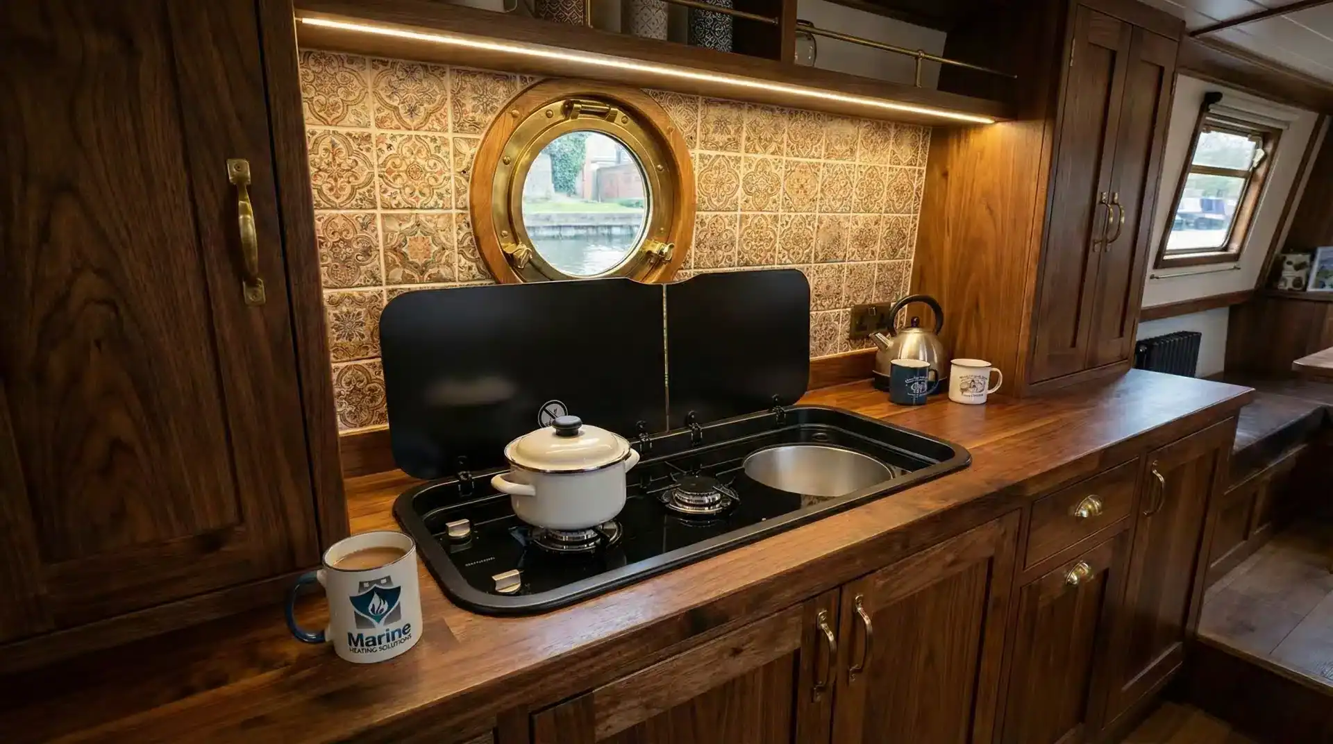 Thetford Topline 111 LPG hob and sink combination unit with black glass lid installed in a rustic narrowboat kitchen with wooden cabinetry and decorative tiles.