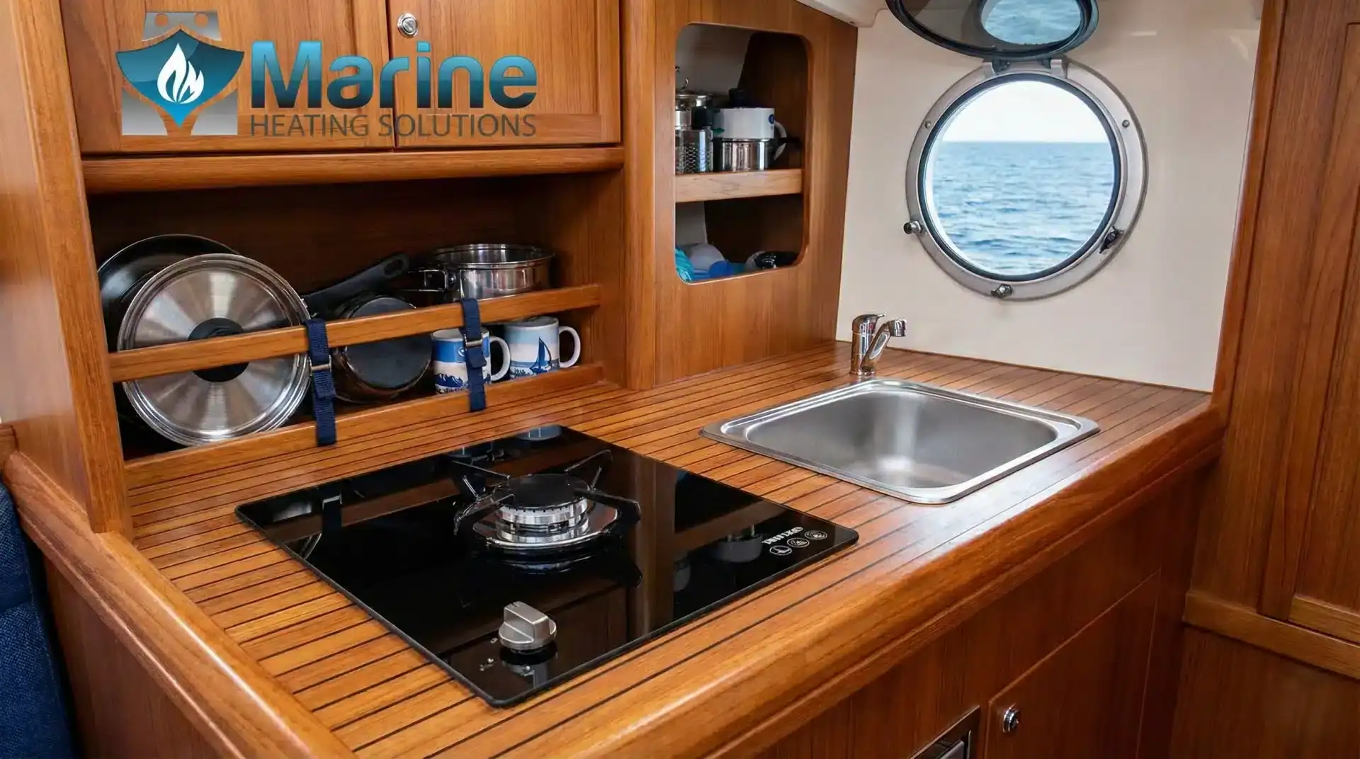 A Thetford Topline 910 single burner LPG hob installed in a compact wooden sailboat galley, featuring a sleek black glass finish and the Marine Heating Solutions logo.