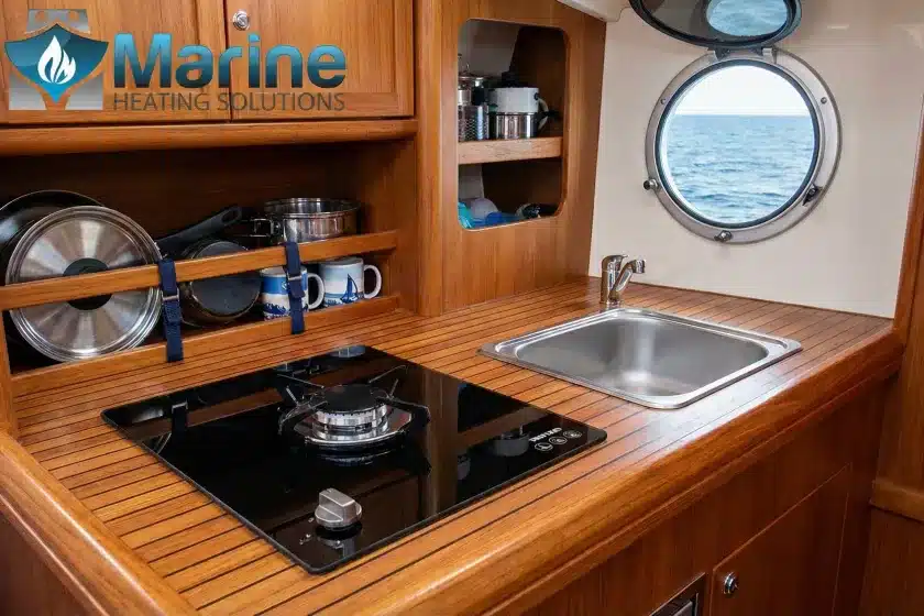 A Thetford Topline 910 single burner LPG hob installed in a compact wooden sailboat galley, featuring a sleek black glass finish and the Marine Heating Solutions logo.