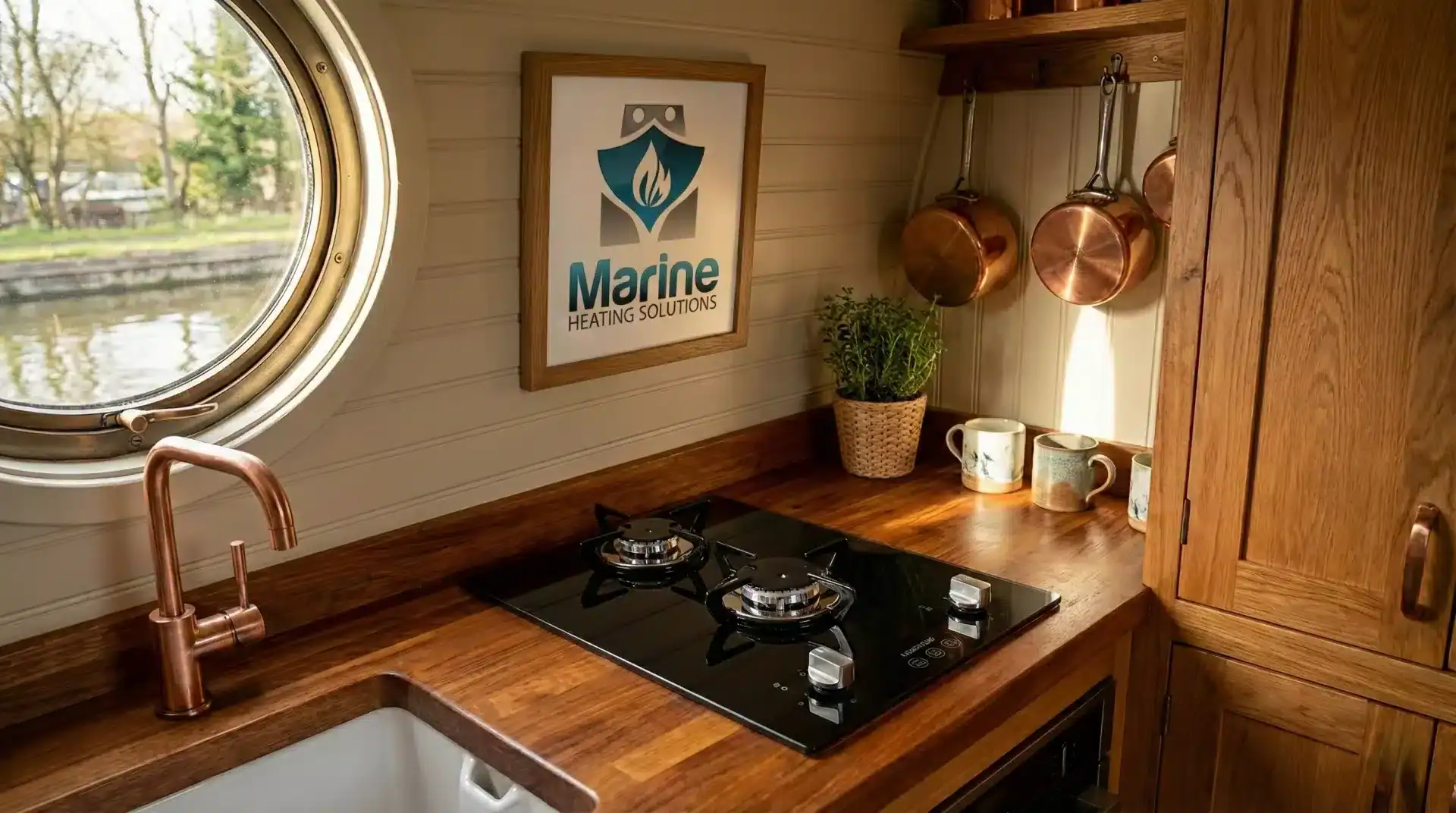 Thetford Topline 922 series black glass LPG hob installed in a narrowboat galley kitchen with copper hardware.