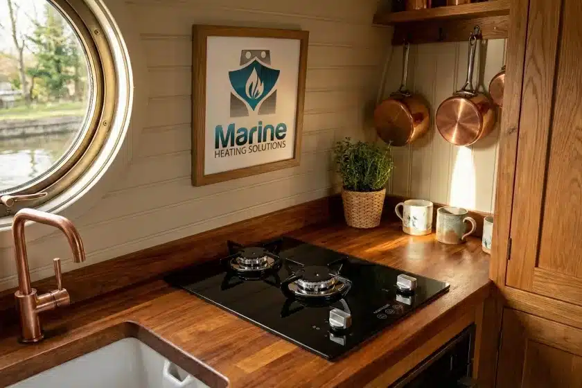 Thetford Topline 922 series black glass LPG hob installed in a narrowboat galley kitchen with copper hardware.