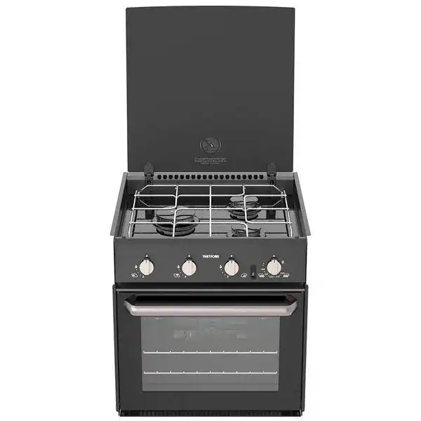 Thetford Triplex black 3-burner LPG hob with an integrated oven and grill unit featuring a glass lid for narrowboats and yachts.