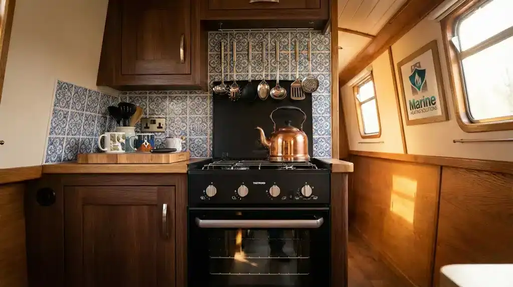 Professional installation of a Thetford Triplex LPG cooker in a narrowboat galley by a Gas Safe engineer, ensuring BSS compliance.