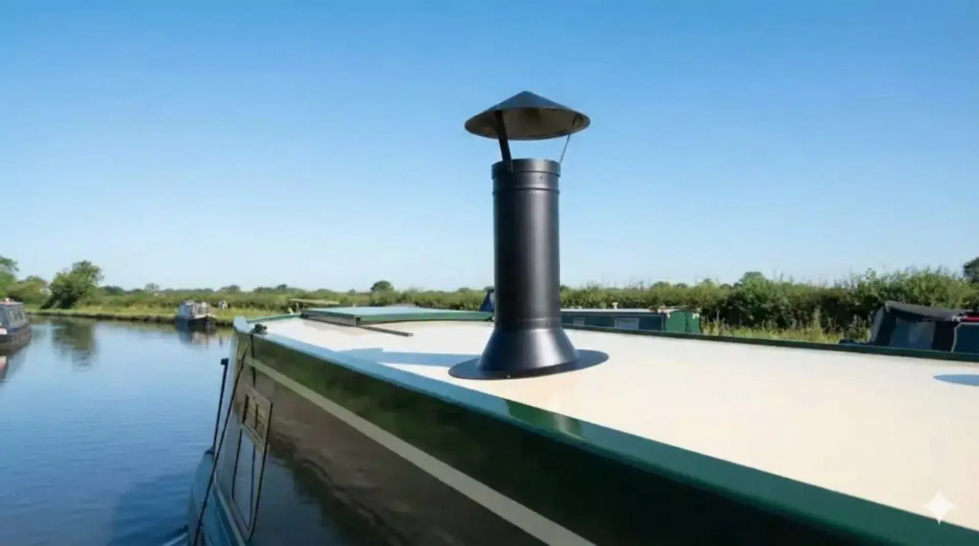 A crisp, professional photograph of a black powder-coated twin-wall insulated chimney flue installed on a narrowboat roof against a clear blue sky.