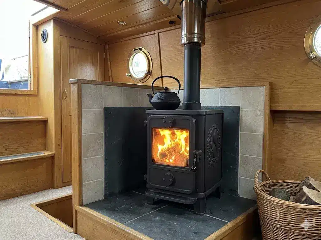 A professional BSS-compliant installation of a Morso Squirrel cast-iron stove on a slate hearth, featuring a polished twin-wall flue and masterboard heat shielding with air gaps.