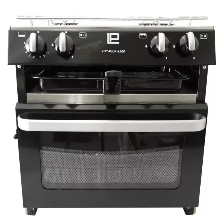 Front view of the Voyager 4500 Deluxe LPG cooker in black finish, featuring a two-burner hob, grill, and oven.