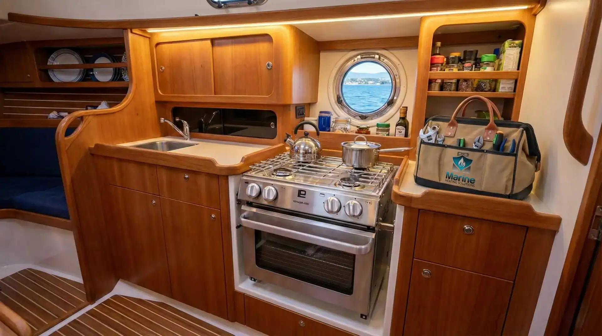 Voyager 4500 stainless steel LPG cooker installed in a wooden sailboat kitchen with a Marine Heating Solutions service tool bag.