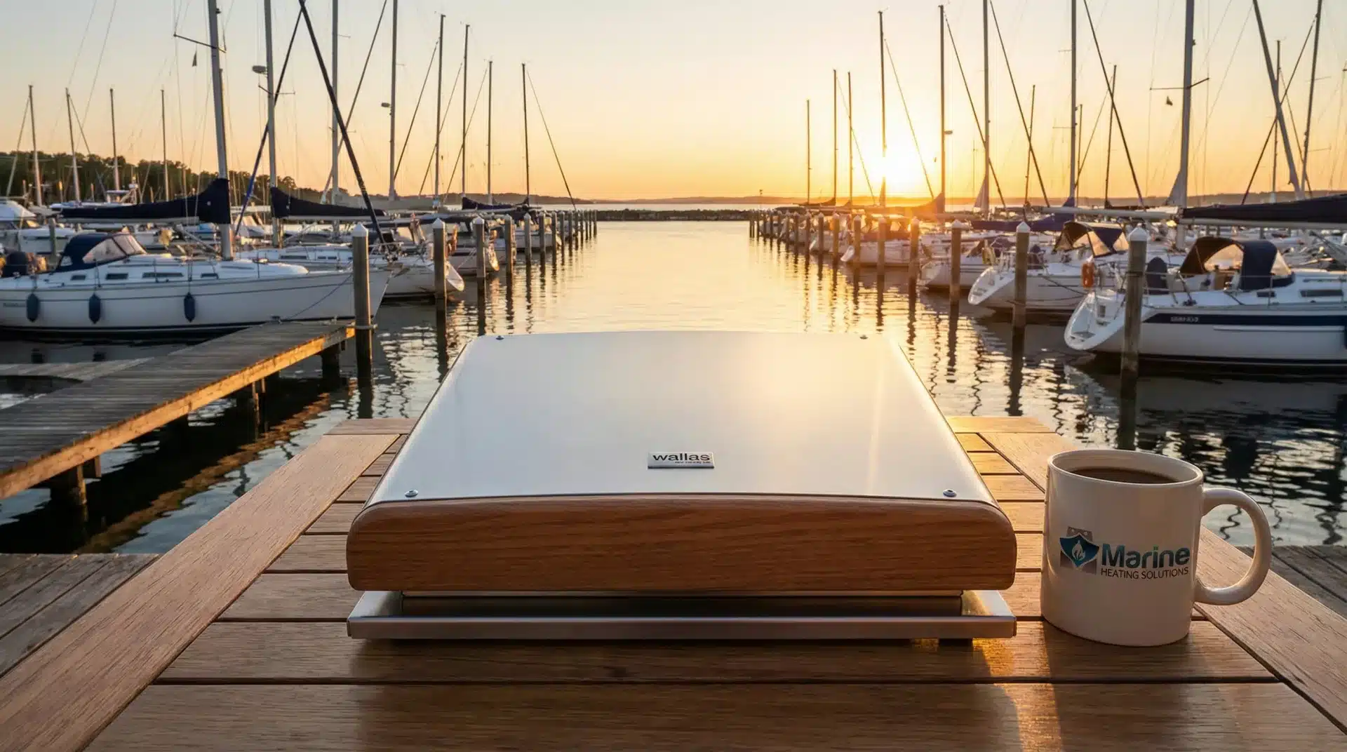 Wallas 220D Blower Lid heater accessory for diesel hobs, shown on a boat in a marina at sunset with Marine Heating Solutions branding.
