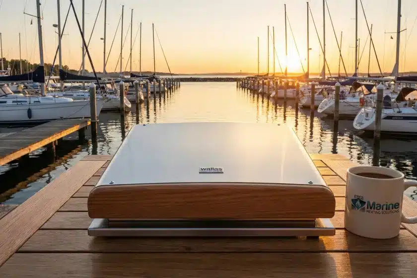 Wallas 220D Blower Lid heater accessory for diesel hobs, shown on a boat in a marina at sunset with Marine Heating Solutions branding.