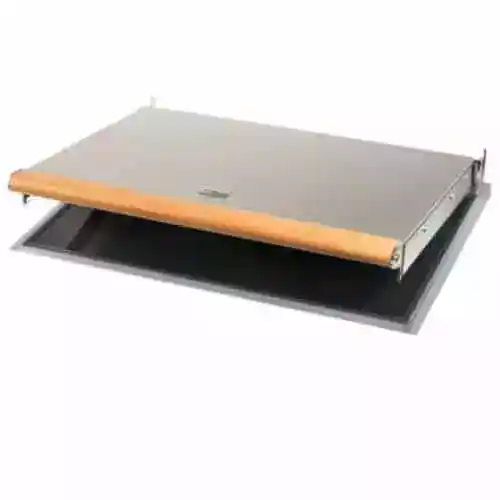 Wallas 270 blower lid with a stainless steel finish and wood-front handle, shown partially open over a ceramic diesel hob.