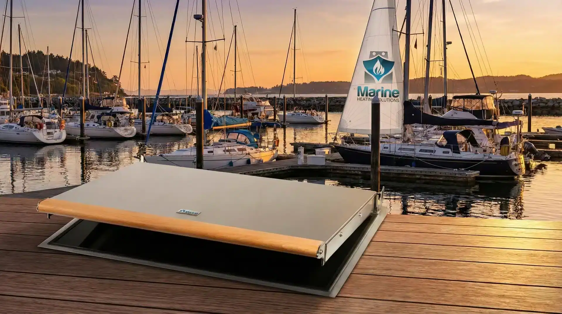 Wallas 270 heat blower lid diesel heater accessory displayed on a dock with a background of sailboats in a marina at sunset.