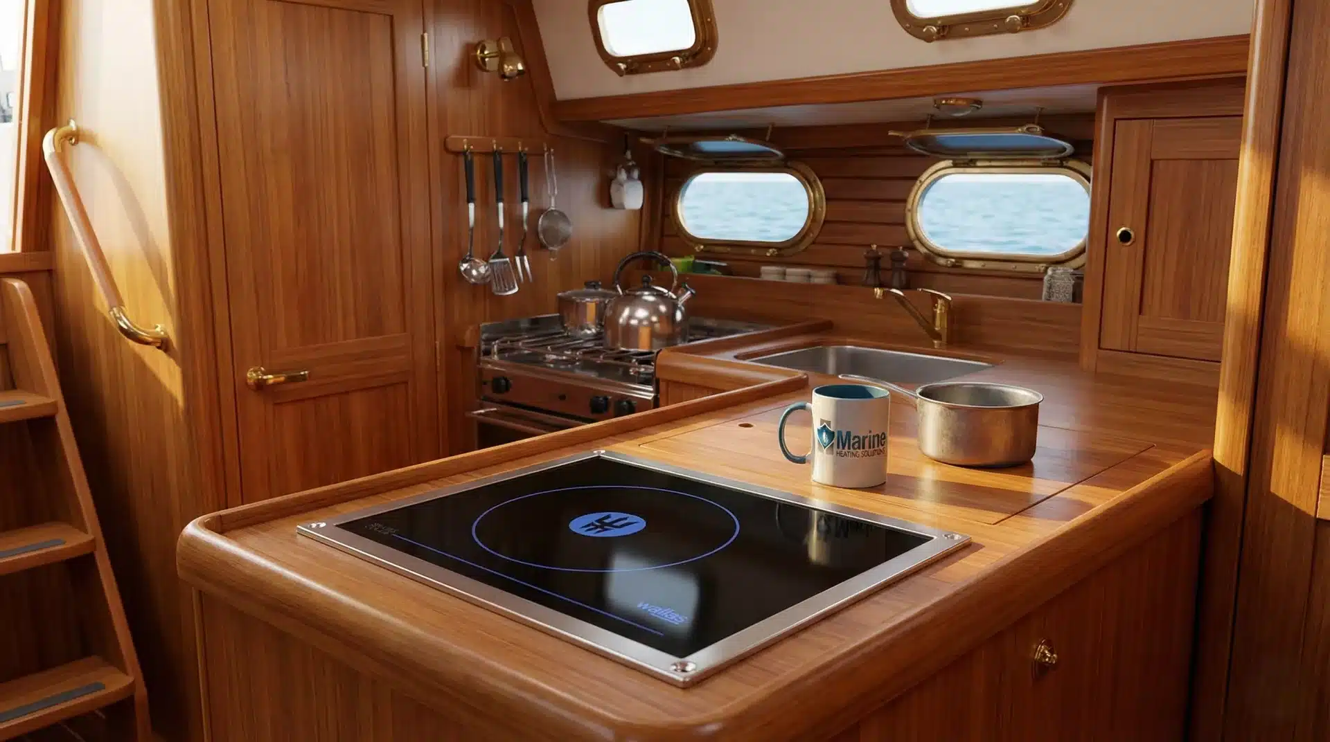 Wallas 800DSL diesel boat hob installed in a compact wooden sailboat kitchen by Marine Heating Solutions.