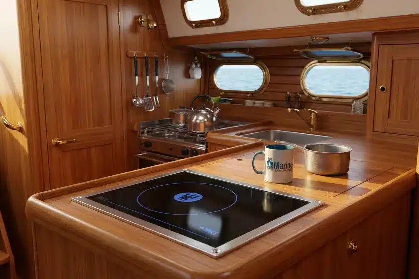 Wallas 800DSL diesel boat hob installed in a compact wooden sailboat kitchen by Marine Heating Solutions.