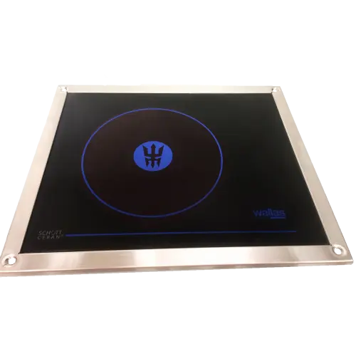 Top view of a Wallas 800DSL single-burner diesel hob showing the Schott Ceran ceramic glass surface and stainless steel frame.
