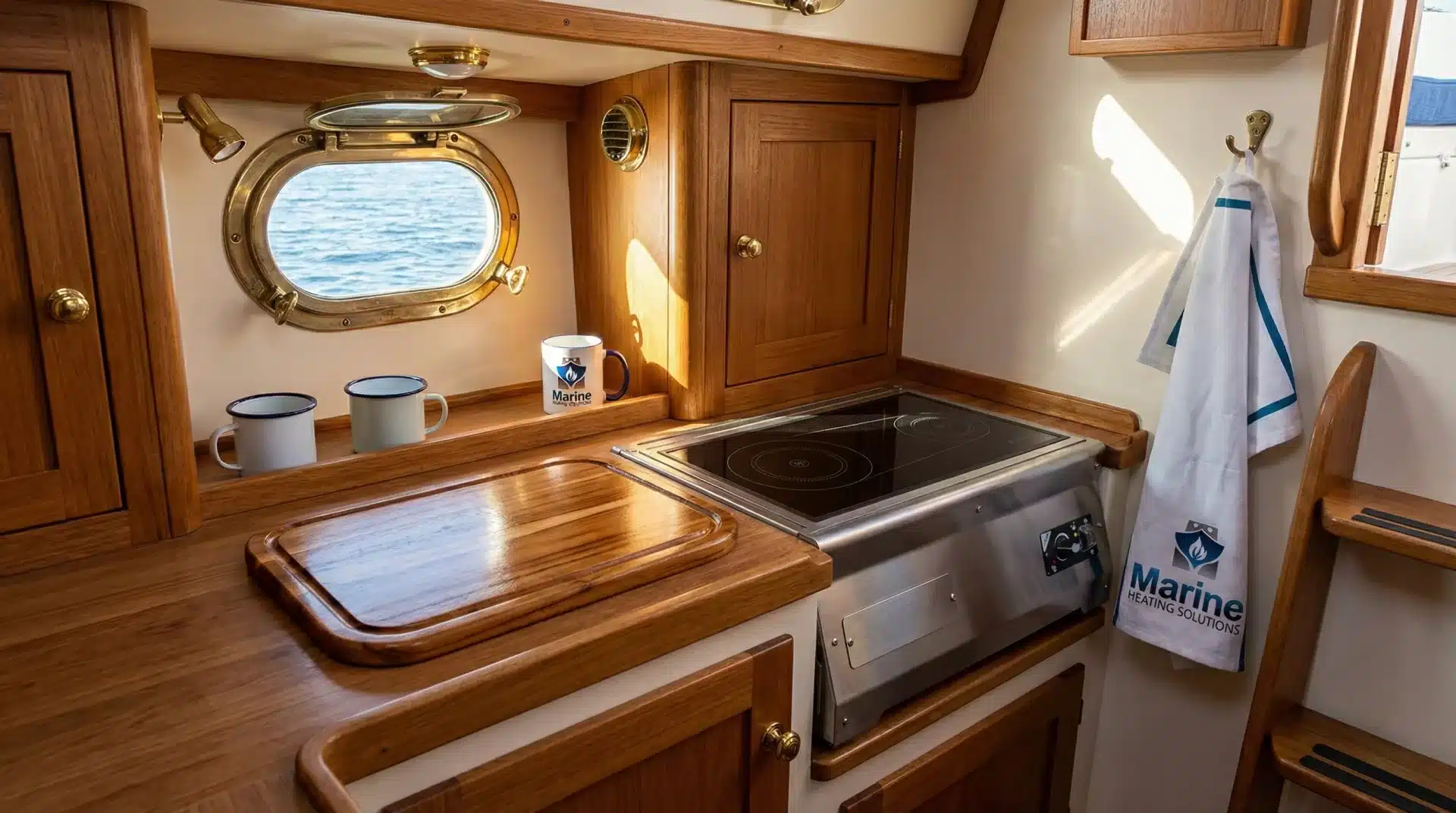 Wallas 85DP diesel stove installed in a wooden sailboat kitchen.