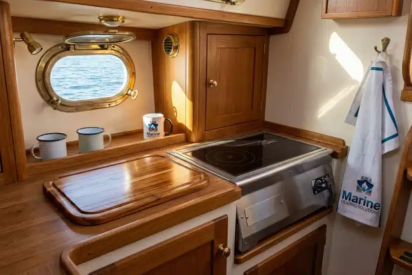 Wallas 85DP diesel stove installed in a wooden sailboat kitchen.