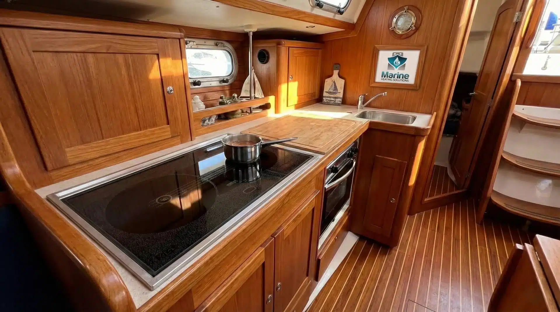 Flush-mounted Wallas 85Dt ceramic diesel cooktop installed in a modern sailboat galley with wood cabinetry.