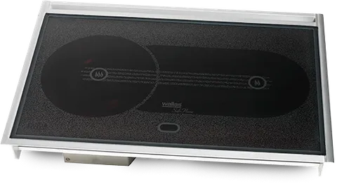 Close-up top view of a black ceramic Wallas 85Dt flush-mount diesel cooktop with silver trim.