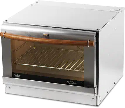 Wallas 86D diesel convection oven for boats, featuring a stainless steel exterior, glass door, and wooden handle.