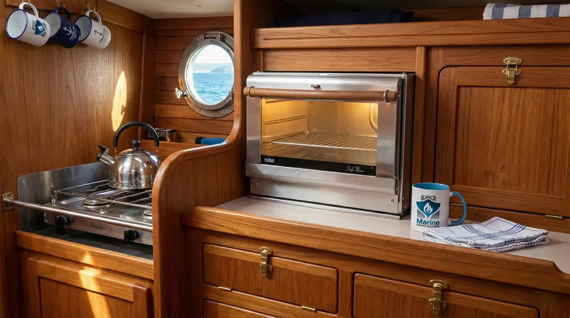 Wallas 86D diesel convection oven installed in a wooden sailboat galley with Marine Heating Solutions branding.