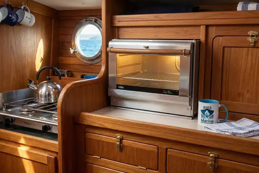 Wallas 86D diesel convection oven installed in a wooden sailboat galley with Marine Heating Solutions branding.