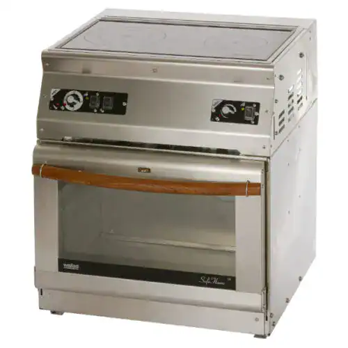 Wallas 87D integrated diesel galley unit featuring a two-burner ceramic hob on top of a convection oven with a stainless steel finish and wood-grain handle.