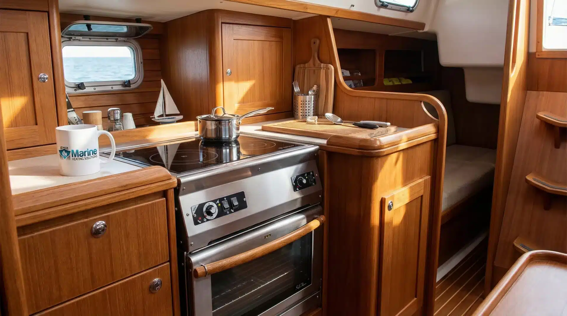 Wallas 87D diesel stove and oven combination installed in a modern sailboat galley, featuring a Marine Heating Solutions branded mug.