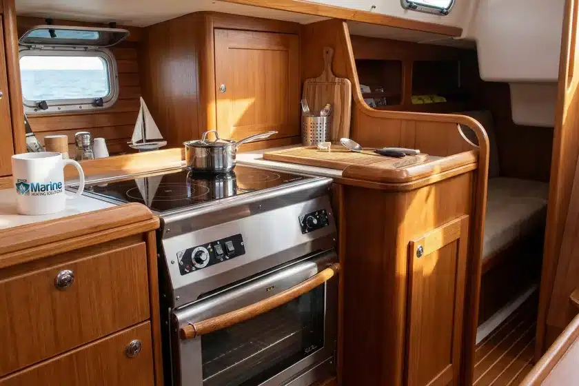 Wallas 87D diesel stove and oven combination installed in a modern sailboat galley, featuring a Marine Heating Solutions branded mug.