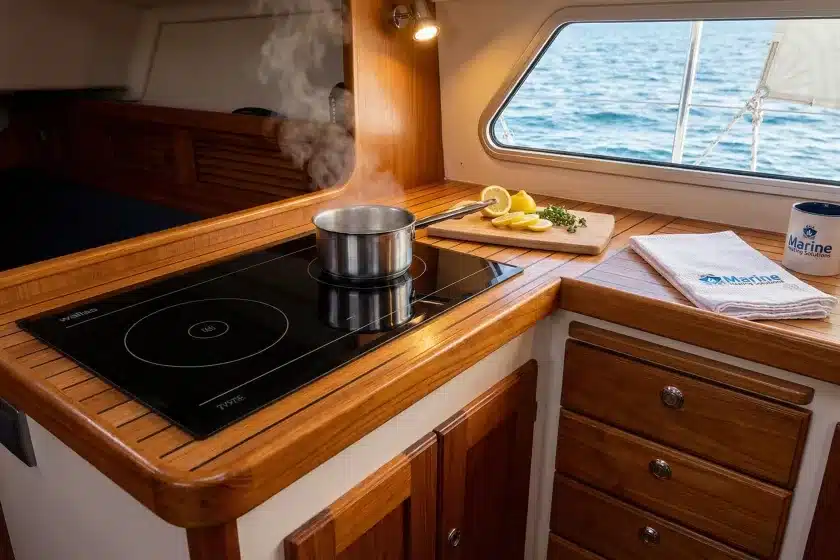 Wallas 88DU flat ceramic diesel hob flush-mounted in a wooden sailboat galley, featuring Marine Heating Solutions branding.