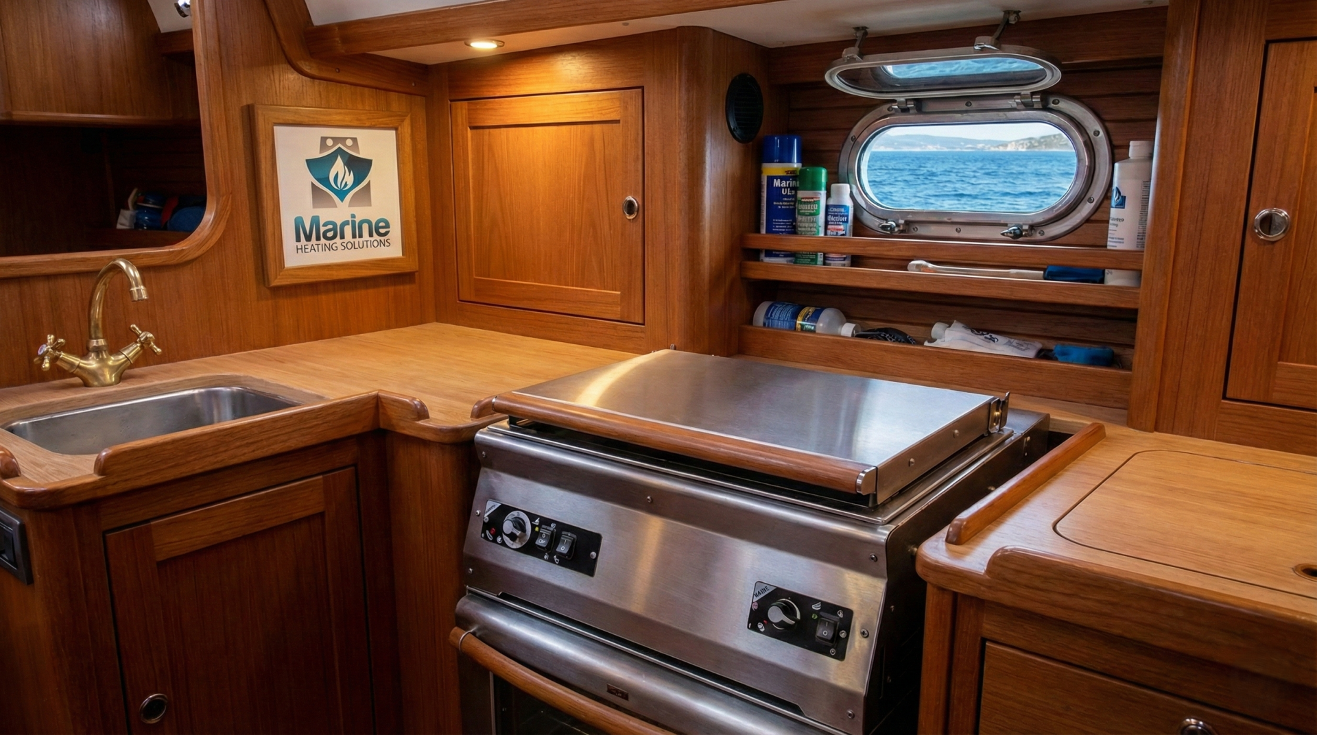 Wallas 89D 3-in-1 diesel stove, convection oven, and cabin heater installed flush with the countertop in a sailboat galley, featuring a Marine Heating Solutions logo.