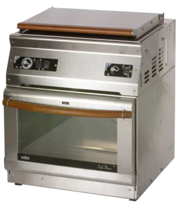 Front-facing product view of the Wallas 89D forced-air diesel stove and oven combo with a brushed stainless steel finish and wood-style handles.