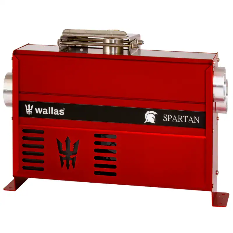 Wallas Spartan 4.5kW diesel air heater for boats, featuring a red chassis and dual blower system, provided by Marine Heating Solutions.
