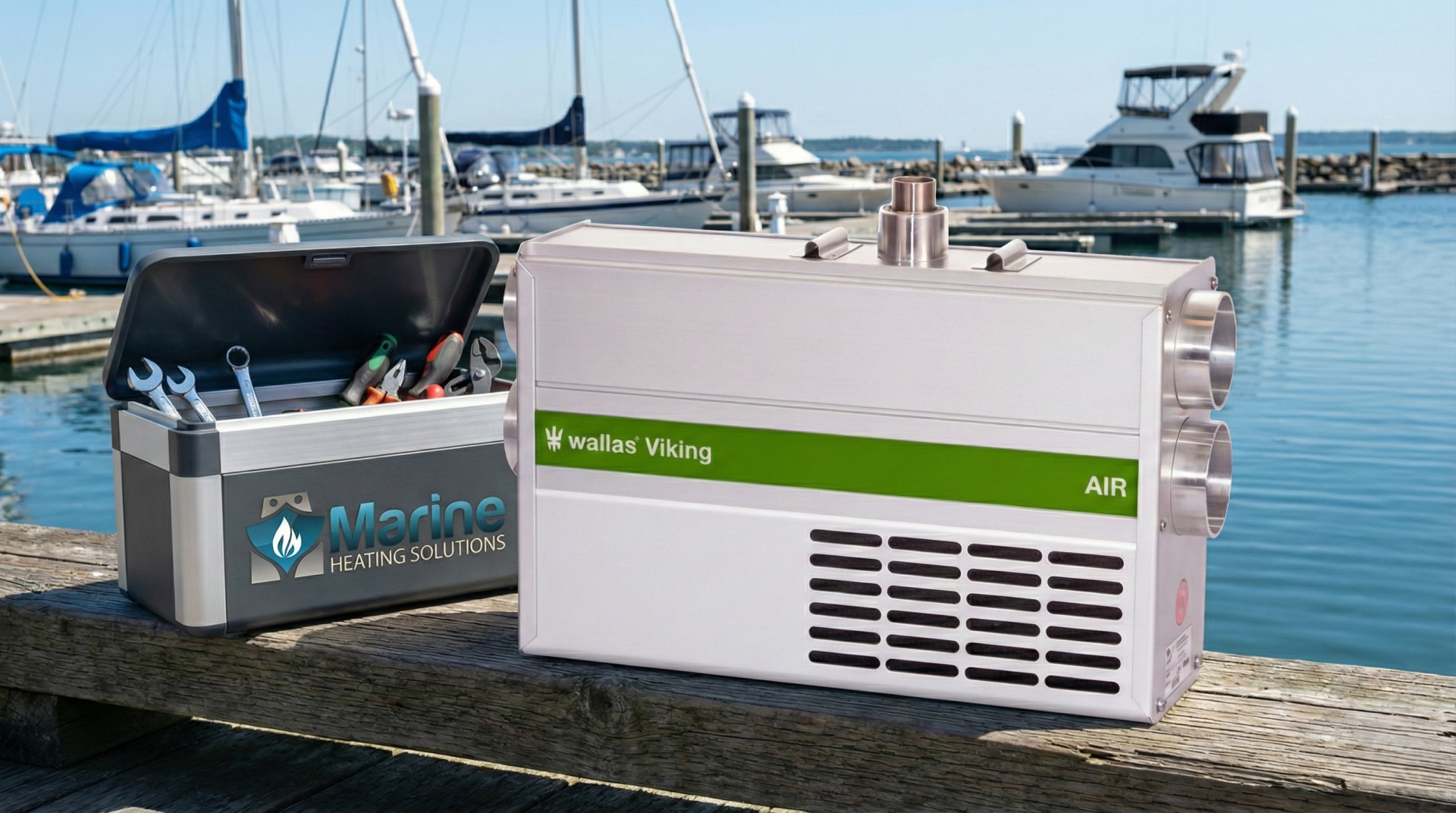Wallas Viking boat diesel heater sitting on a sunny wooden marina dock next to a Marine Heating Solutions branded toolbox.