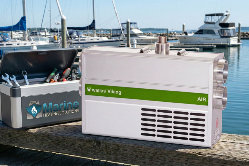 Wallas Viking boat diesel heater sitting on a sunny wooden marina dock next to a Marine Heating Solutions branded toolbox.