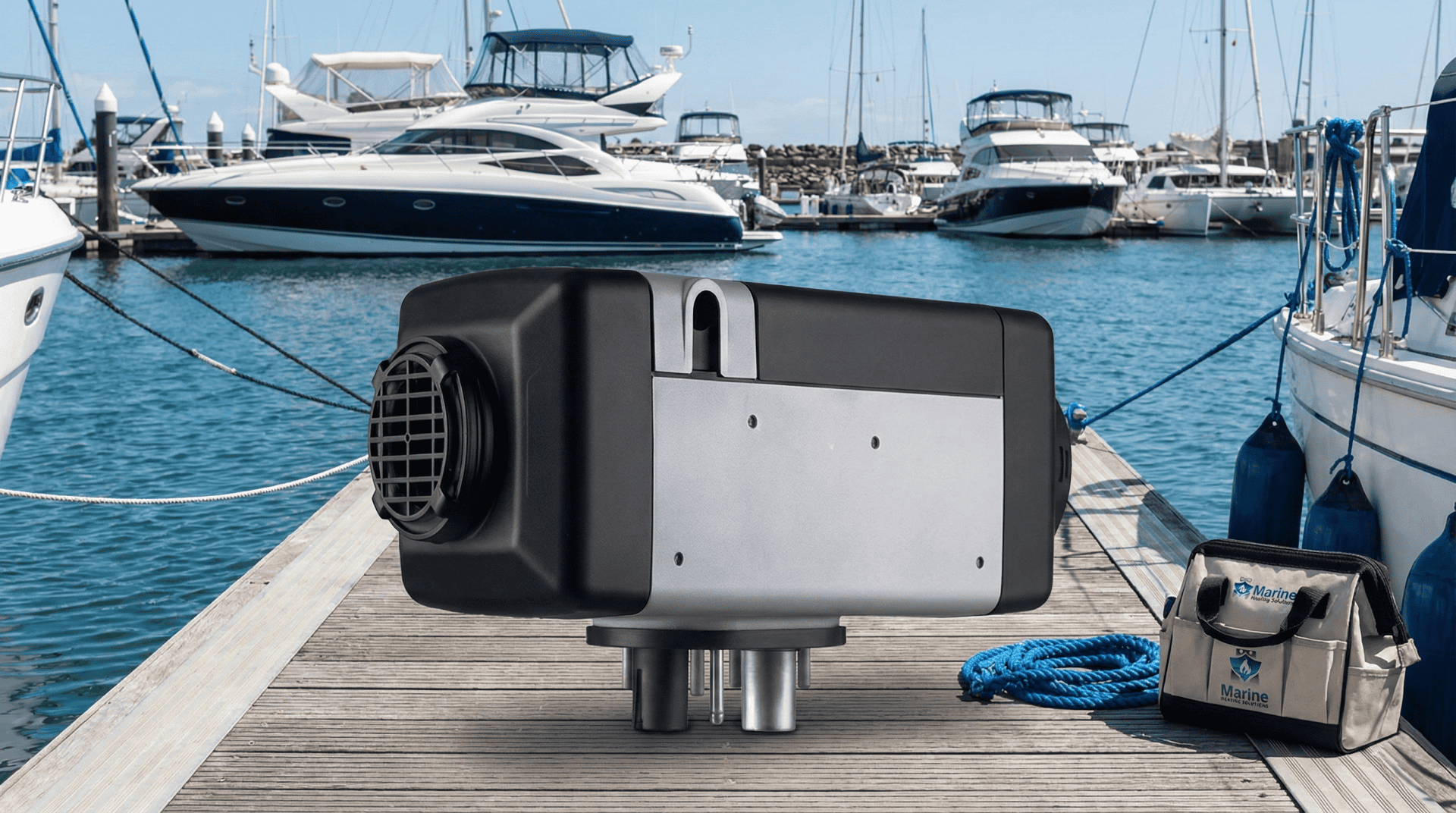 Webasto Air Top 2000 STC marine diesel heater displayed at a marina with a Marine Heating Solutions service bag