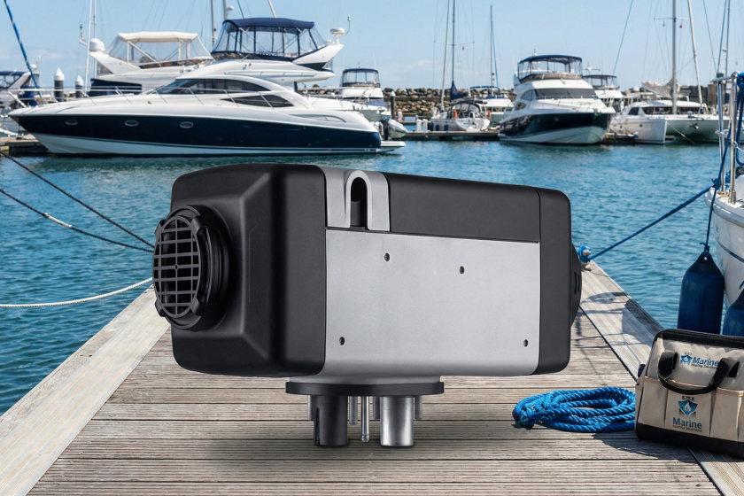 Webasto Air Top 2000 STC marine diesel heater displayed at a marina with a Marine Heating Solutions service bag