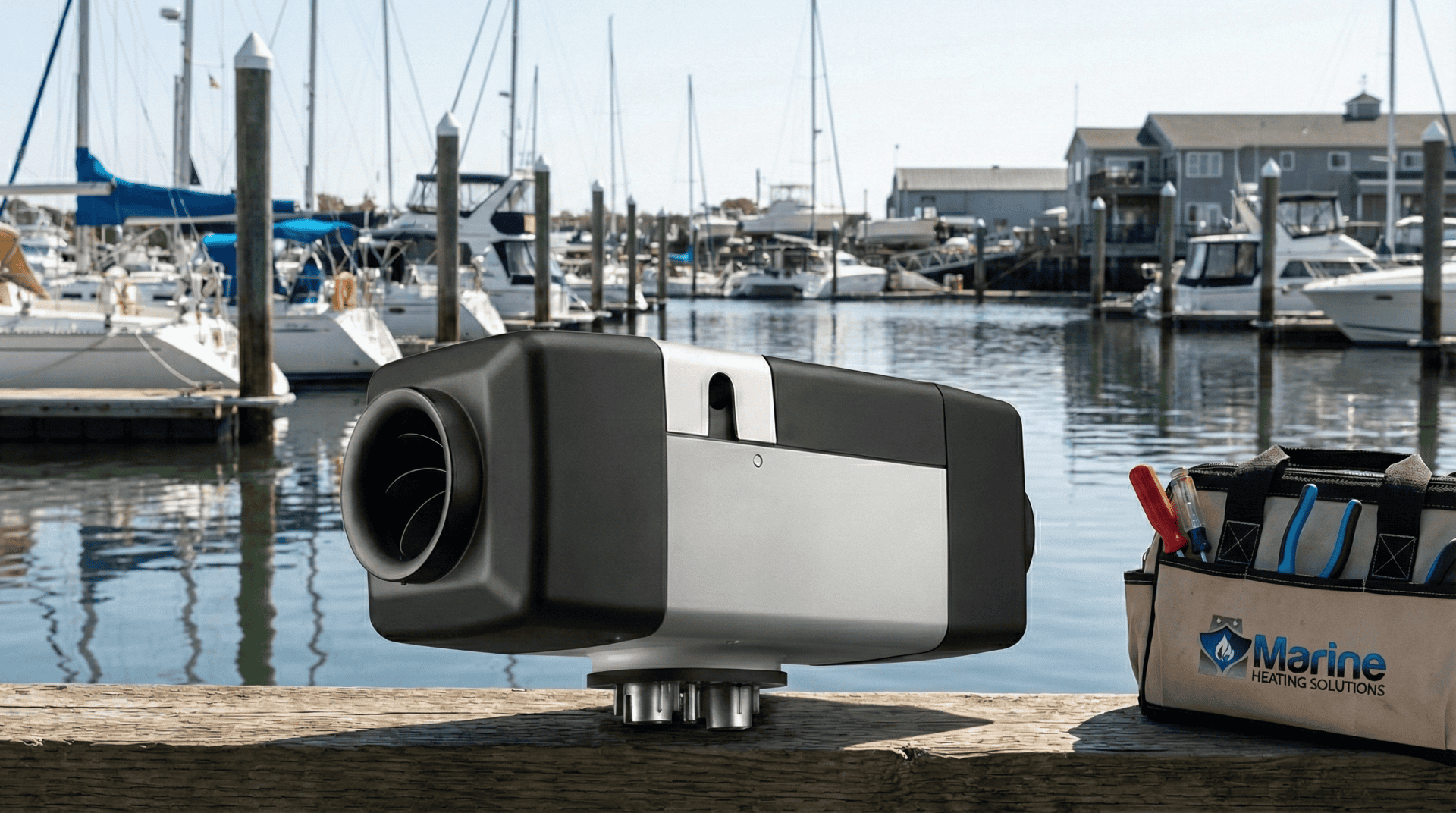 Webasto Air Top Evo 40 marine diesel heater on a wooden dock at a marina with a Marine Heating Solutions tool bag