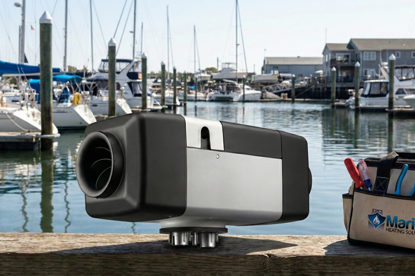 Webasto Air Top Evo 40 marine diesel heater on a wooden dock at a marina with a Marine Heating Solutions tool bag