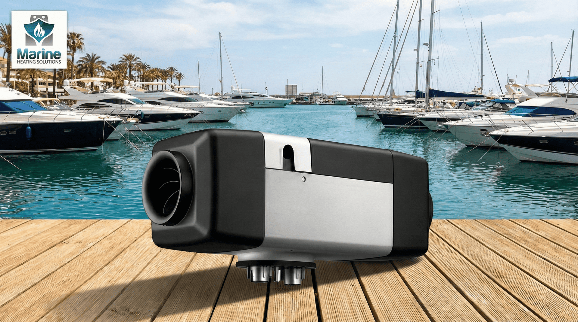 Webasto Air Top Evo 55 marine diesel heater on a marina dock, featuring the Marine Heating Solutions logo.