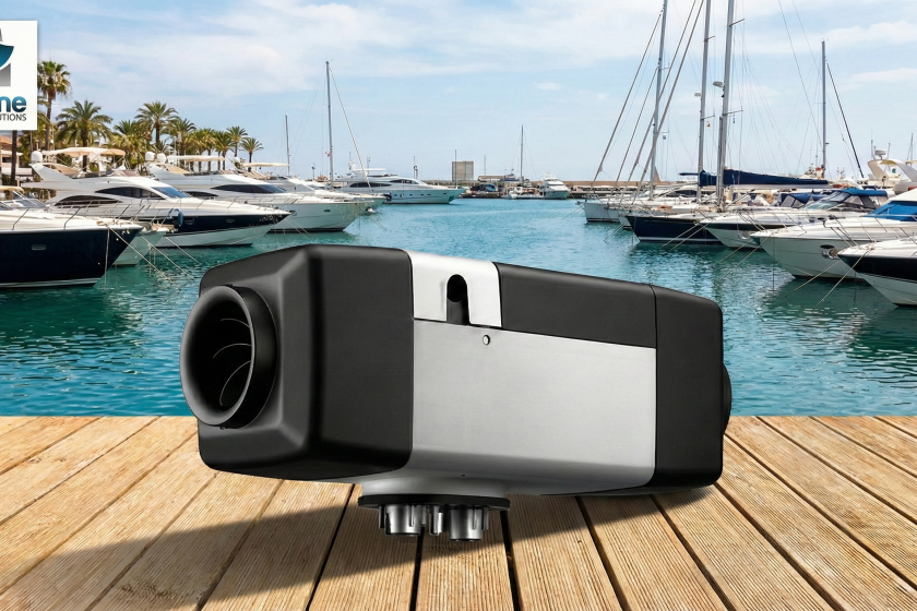 Webasto Air Top Evo 55 marine diesel heater on a marina dock, featuring the Marine Heating Solutions logo.