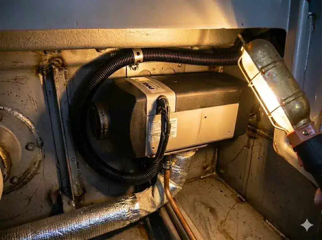 A professional Webasto Air Top diesel heater installation in a steel narrowboat engine bay, featuring a BSS-compliant 5mm copper fuel line connected with fire-resistant ISO 7840 rubber hose pieces and secured with metal jubilee clips.