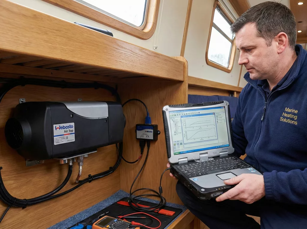 A professional Marine Heating Solutions engineer using a laptop and specialized software to diagnose a Webasto Air Top diesel heater on a boat.