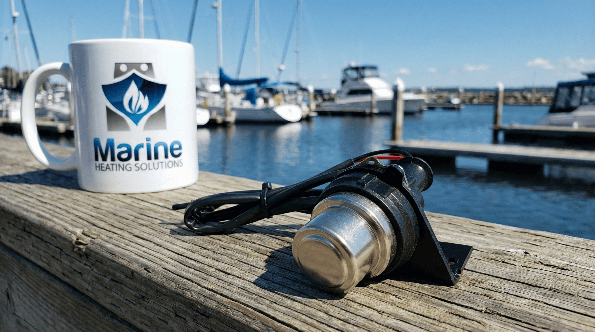 Webasto frost protection thermostat for boats shown on a wooden dock with a marina and sailboats in the background.