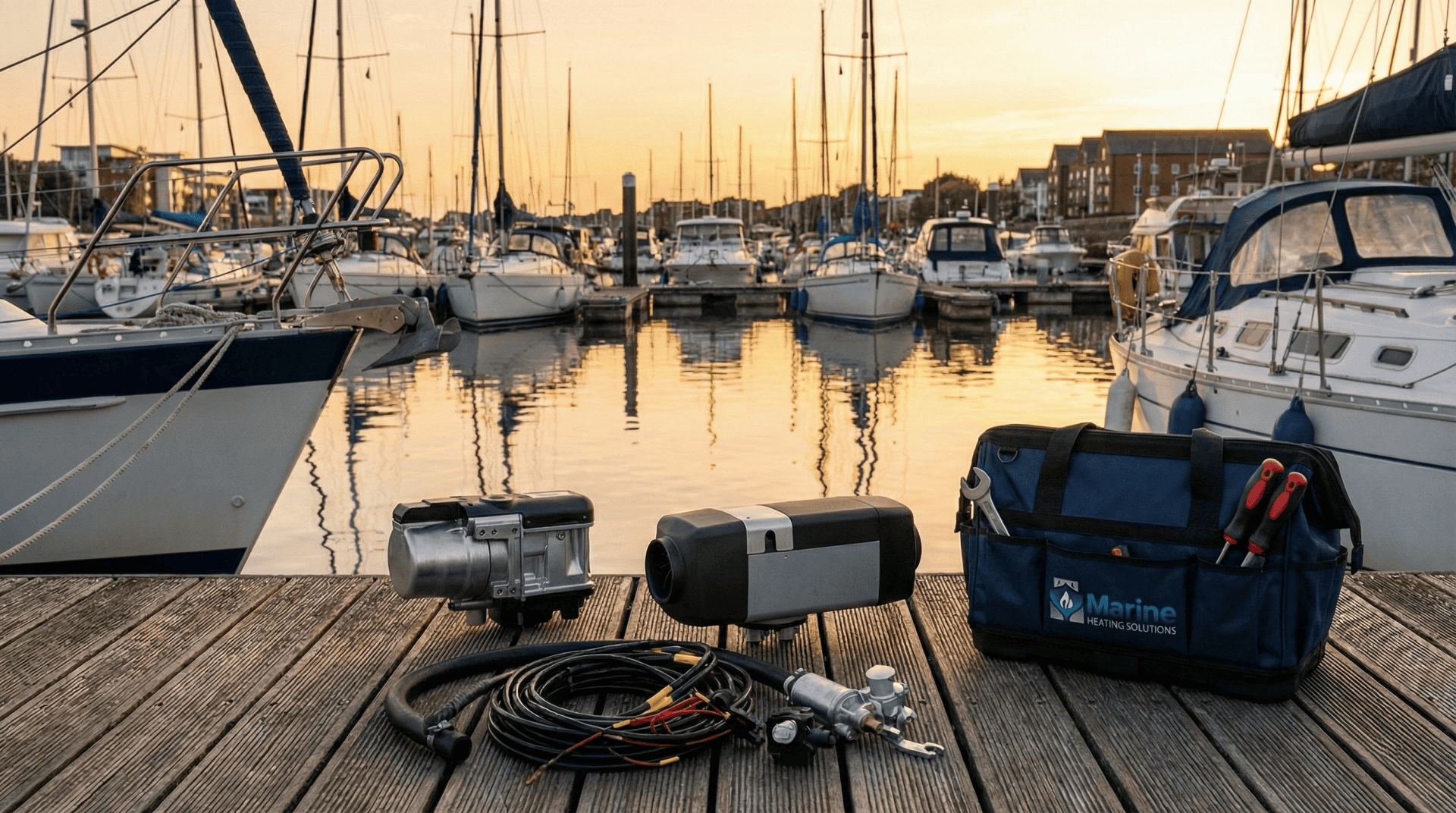 Webasto Air Top and Thermo Top marine diesel heaters with installation kit and a Marine Heating Solutions tool bag on a marina dock at sunset.