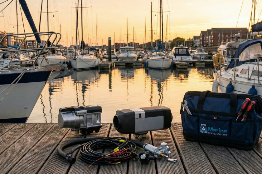 Webasto Air Top and Thermo Top marine diesel heaters with installation kit and a Marine Heating Solutions tool bag on a marina dock at sunset.