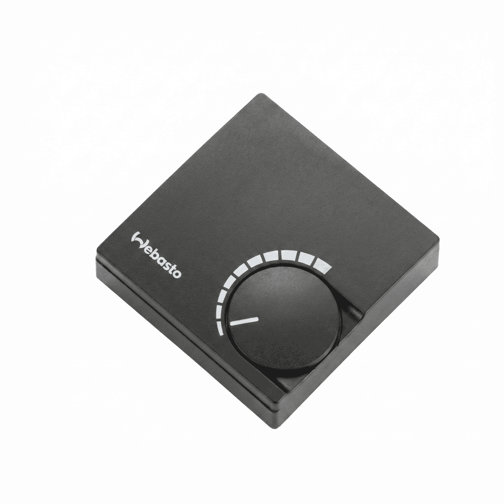 Isolated view of a black Webasto Room Thermostat with an adjustable dial.