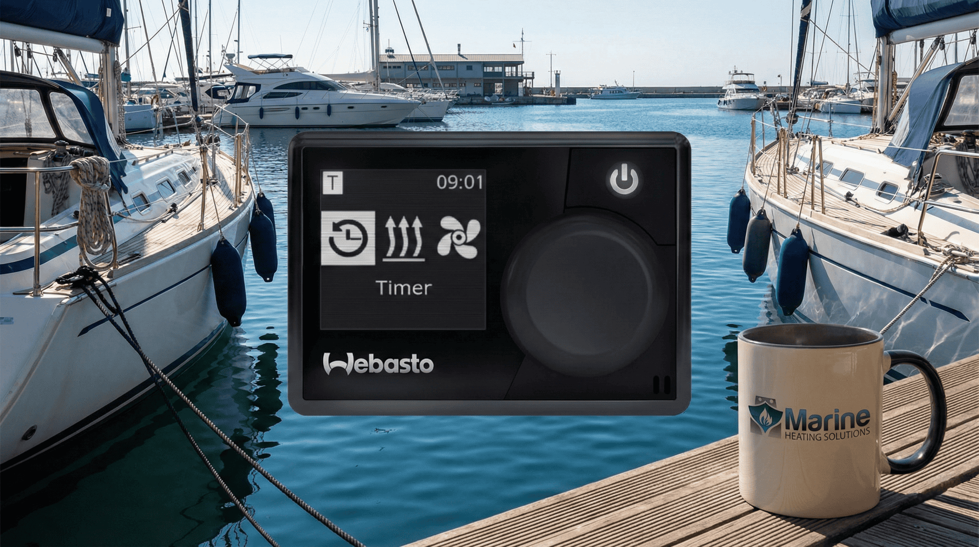 Webasto MultiControl marine digital timer panel for boat heating systems, shown in a marina setting with Marine Heating Solutions branding.