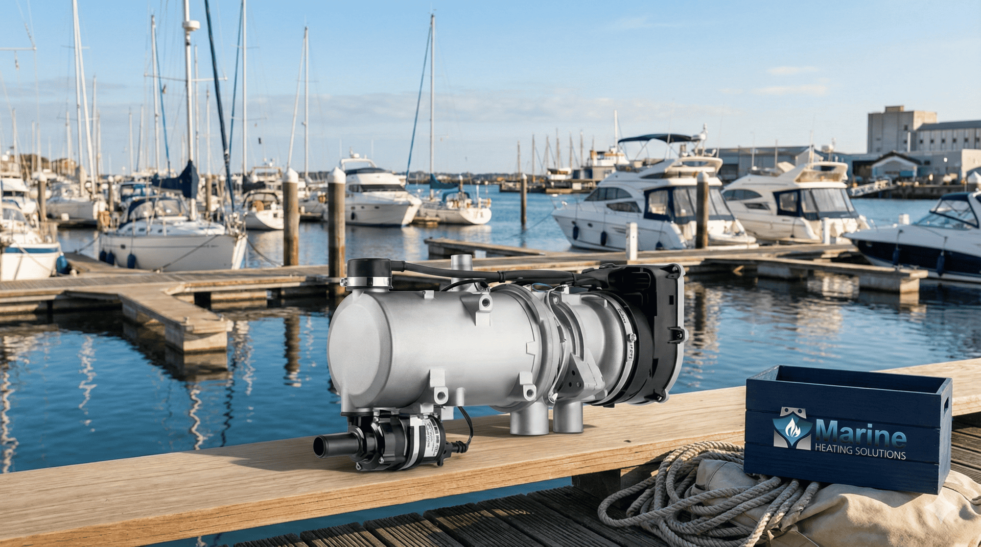 Webasto Thermo Pro 90 9.1kW diesel water heater on a marina dock with yachts in the background, showcasing its marine heating application.