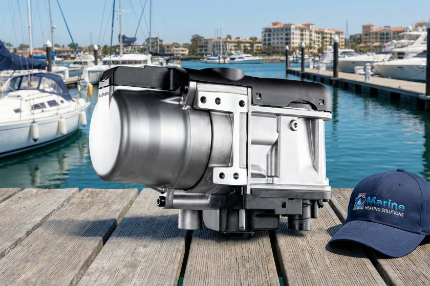 Webasto Thermo Top Evo 5kW diesel liquid heater shown in a marina setting with a Marine Heating Solutions branded cap.