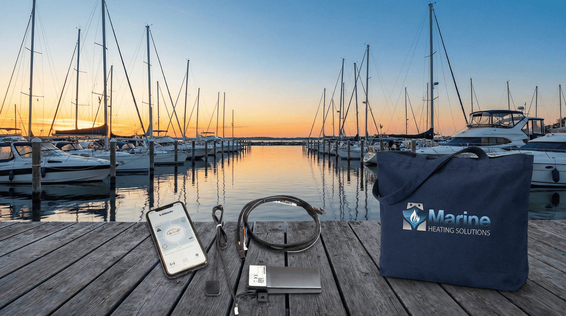 Webasto ThermoConnect Tcon 2 kit components laid out on a wooden dock at sunset, displaying the smartphone app interface, receiver module, and wiring harness next to a Marine Heating Solutions branded tote bag in a marina setting.